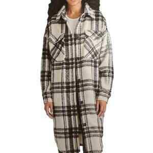 NWT Steve Madden Wool Blend Cream Plaid Button-Up Shacket Size Large